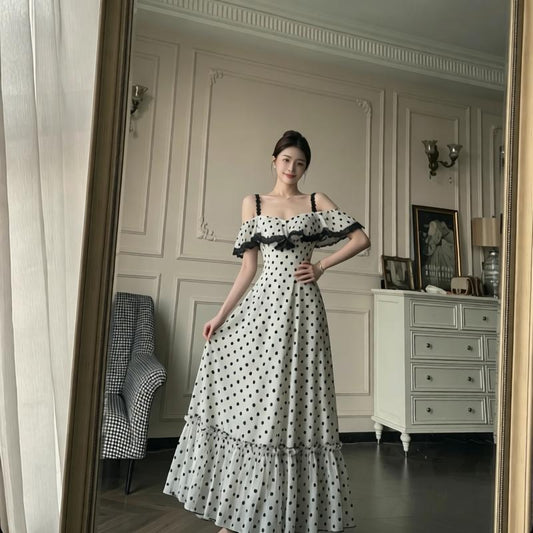 Off-the-shoulder White and black polka dot dress
