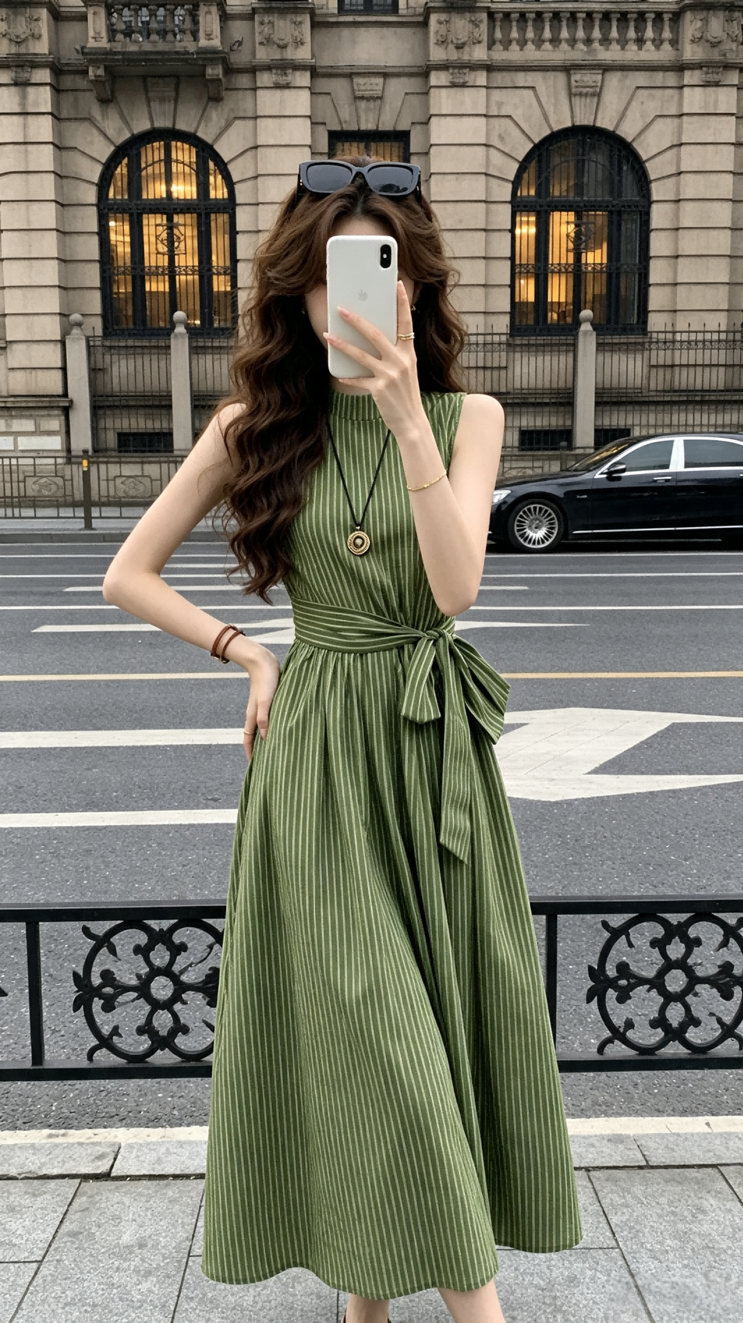 Olive Striped Sleeveless Mock Neck Waist-Tie Maxi Dress