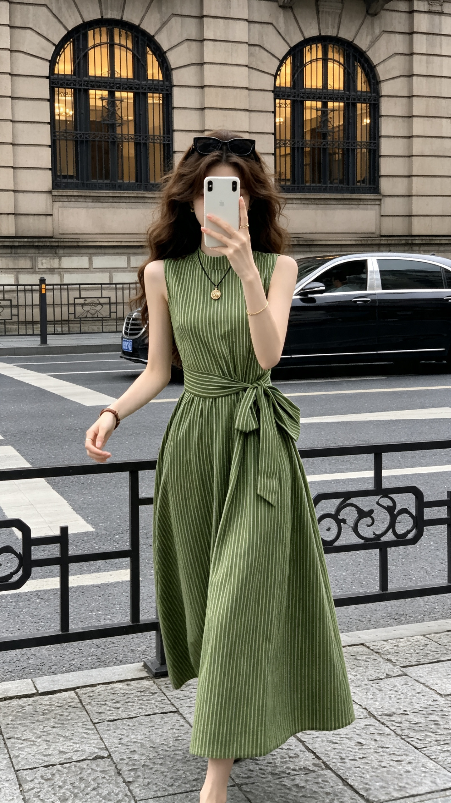 Olive Striped Sleeveless Mock Neck Waist-Tie Maxi Dress