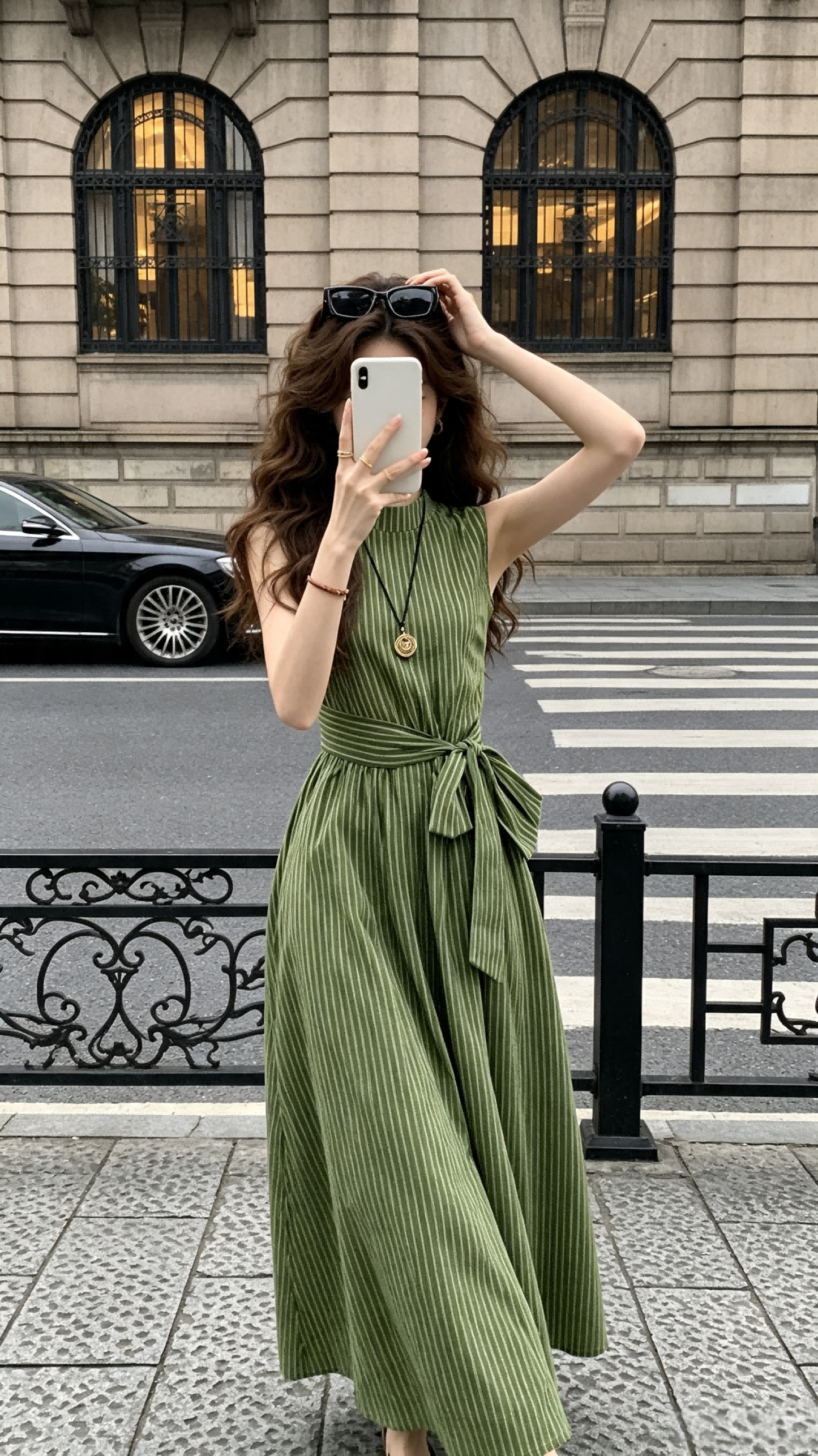 Olive Striped Sleeveless Mock Neck Waist-Tie Maxi Dress