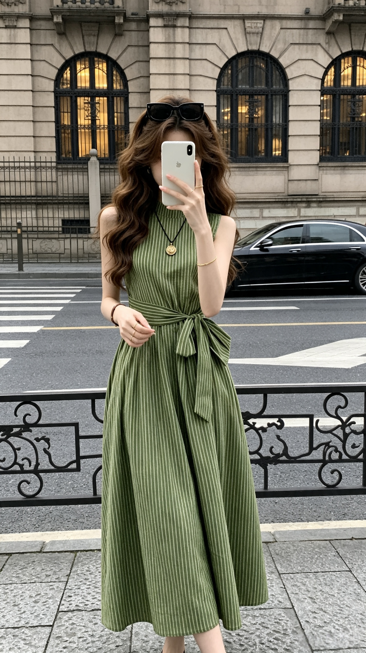Olive Striped Sleeveless Mock Neck Waist-Tie Maxi Dress