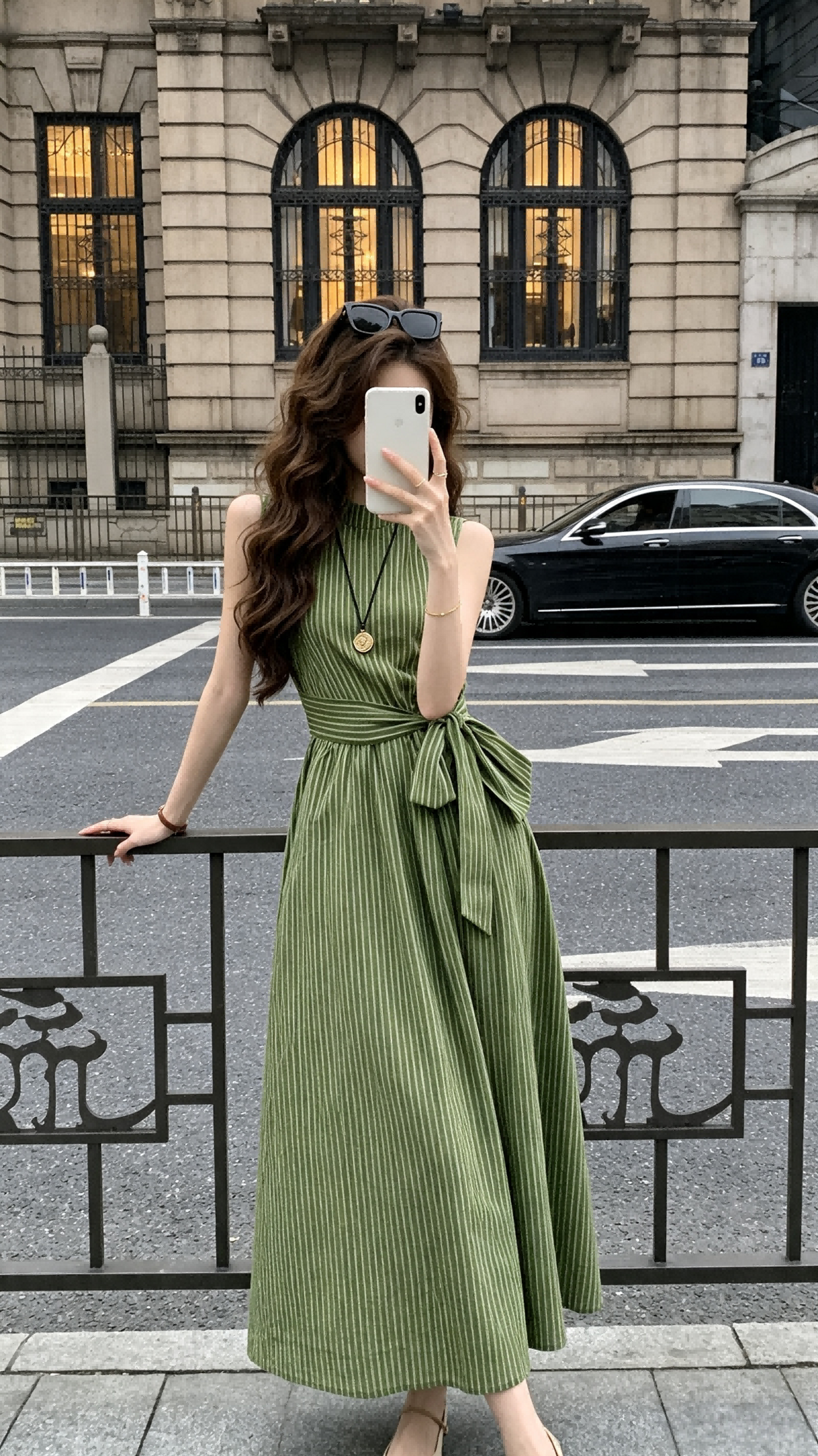 Olive Striped Sleeveless Mock Neck Waist-Tie Maxi Dress
