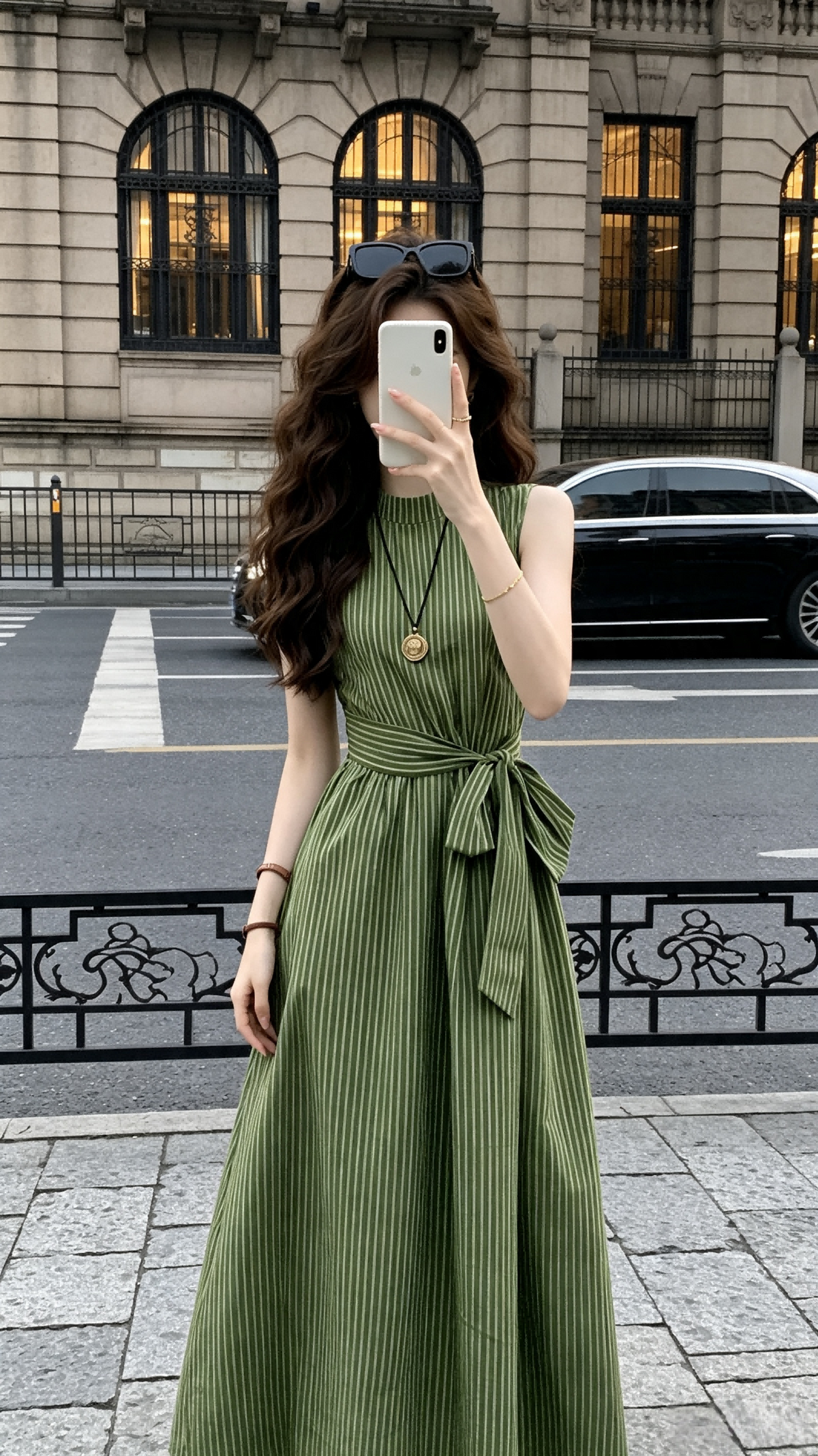 Olive Striped Sleeveless Mock Neck Waist-Tie Maxi Dress