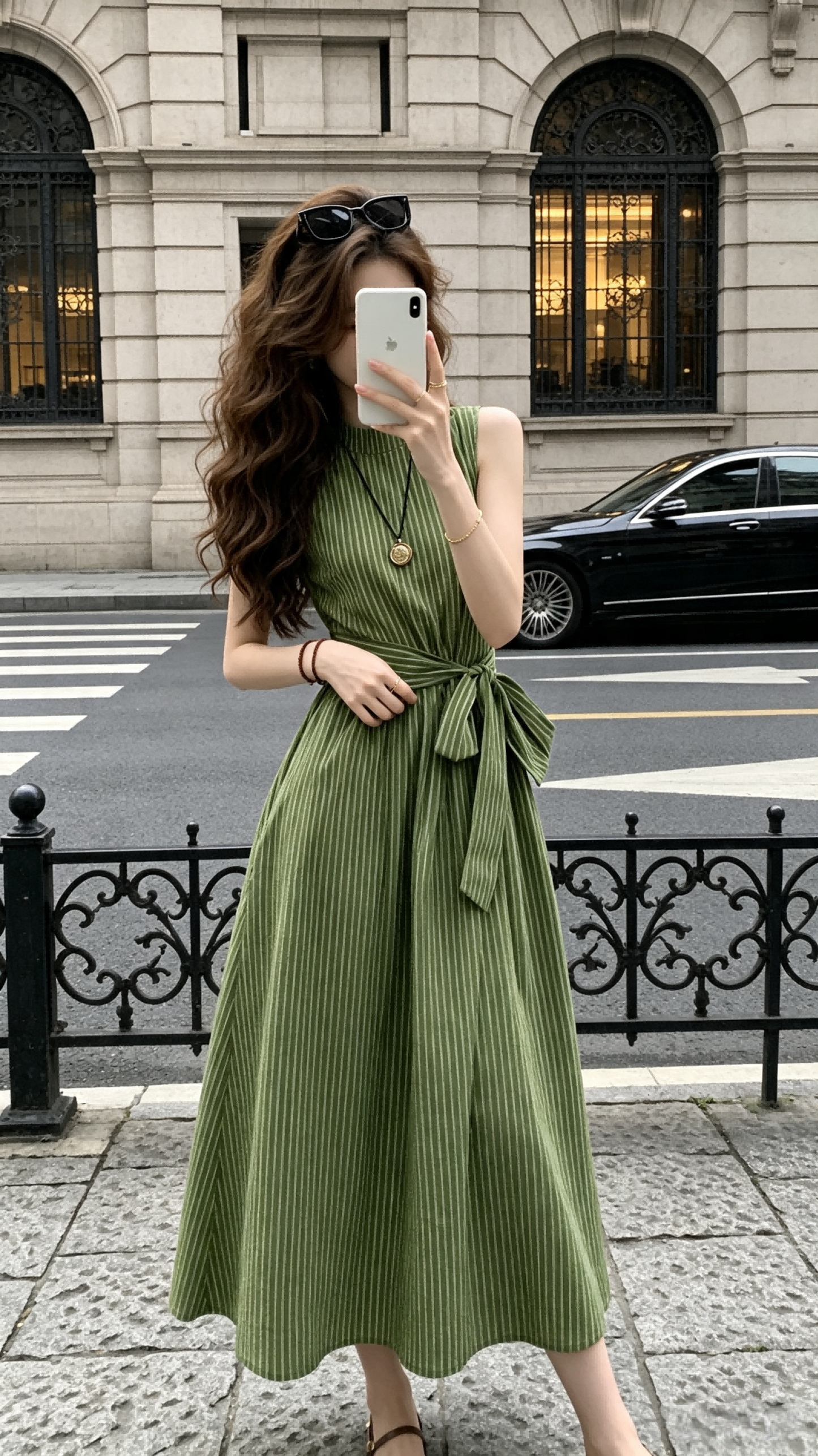 Olive Striped Sleeveless Mock Neck Waist-Tie Maxi Dress