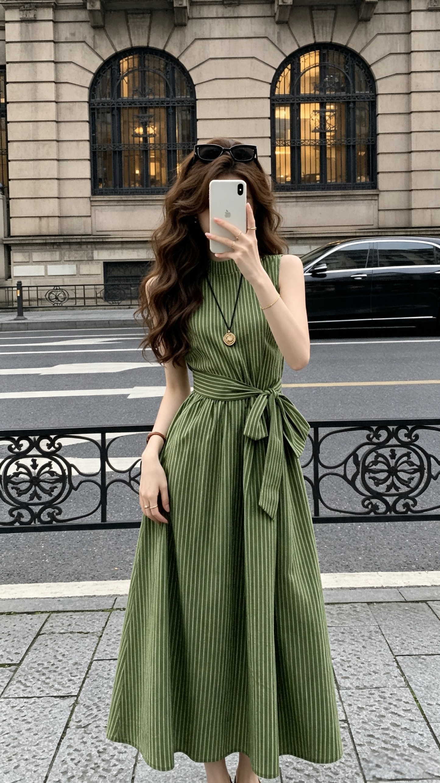 Olive Striped Sleeveless Mock Neck Waist-Tie Maxi Dress