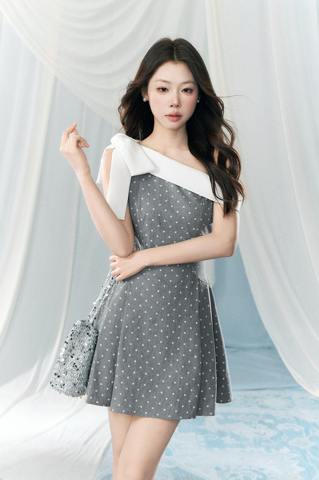 Graceful Bow One-Shoulder Polka Dot Mini Dress