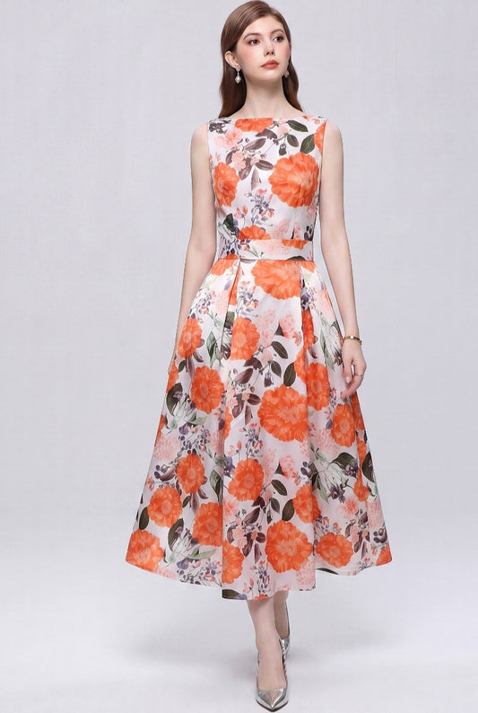 Orange Flower Sleeveless printed With A Three-dimensional Cut Dress