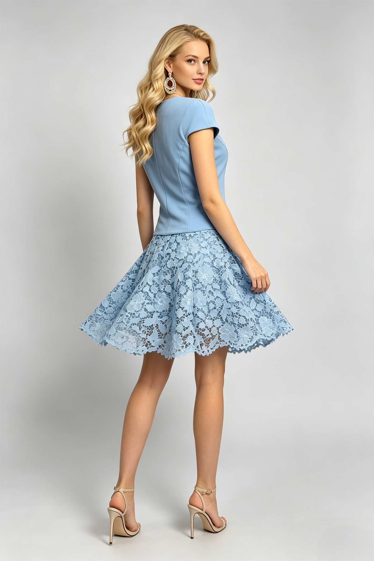Pastel Blue Cap-Sleeve Lace Dress