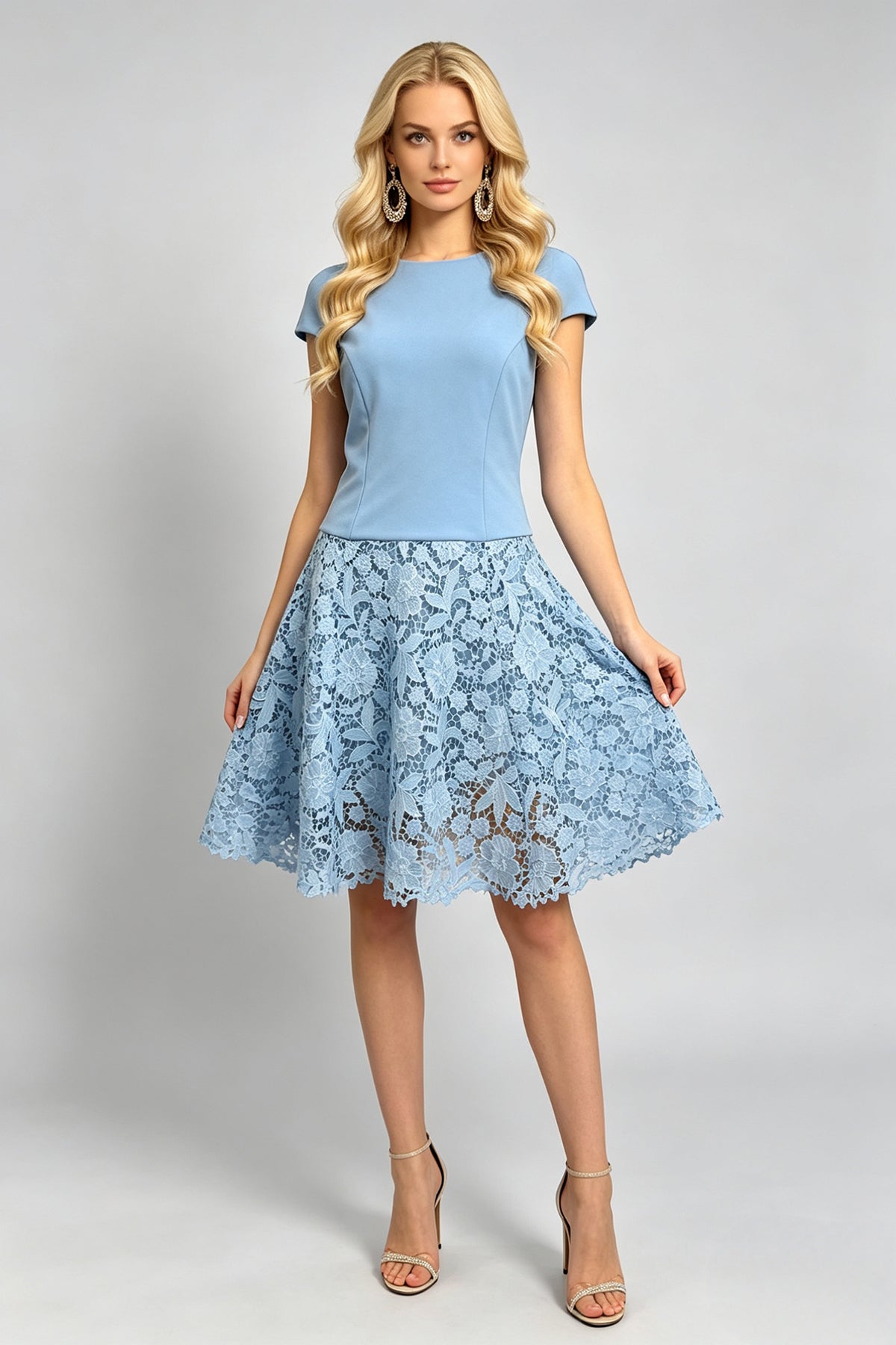 Pastel Blue Cap-Sleeve Lace Dress