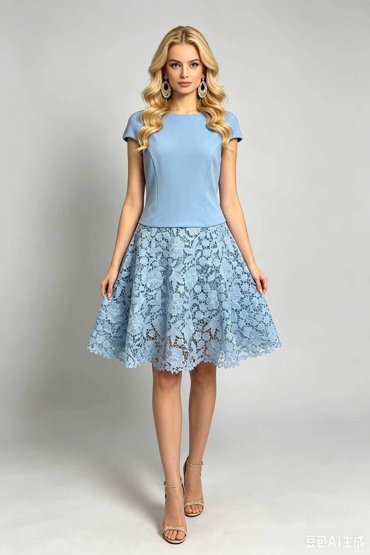 Pastel Blue Cap-Sleeve Lace Dress