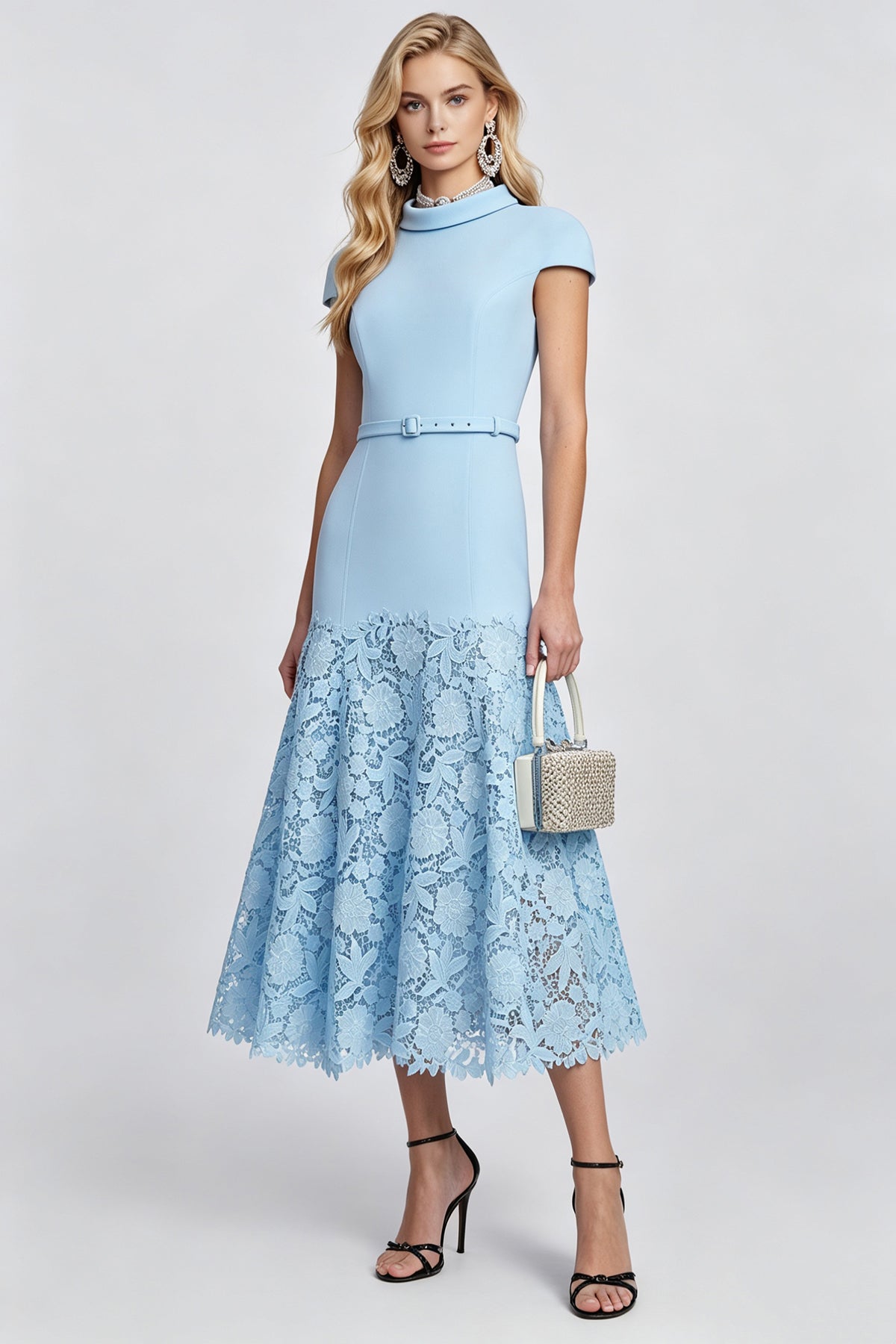 Pastel Blue High-Neck A-Line Lace Dress