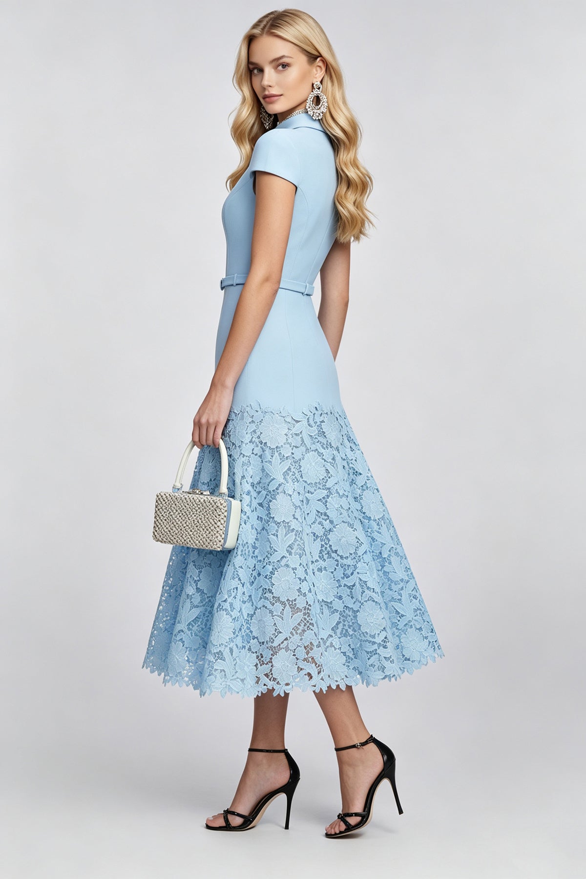 Pastel Blue High-Neck A-Line Lace Dress