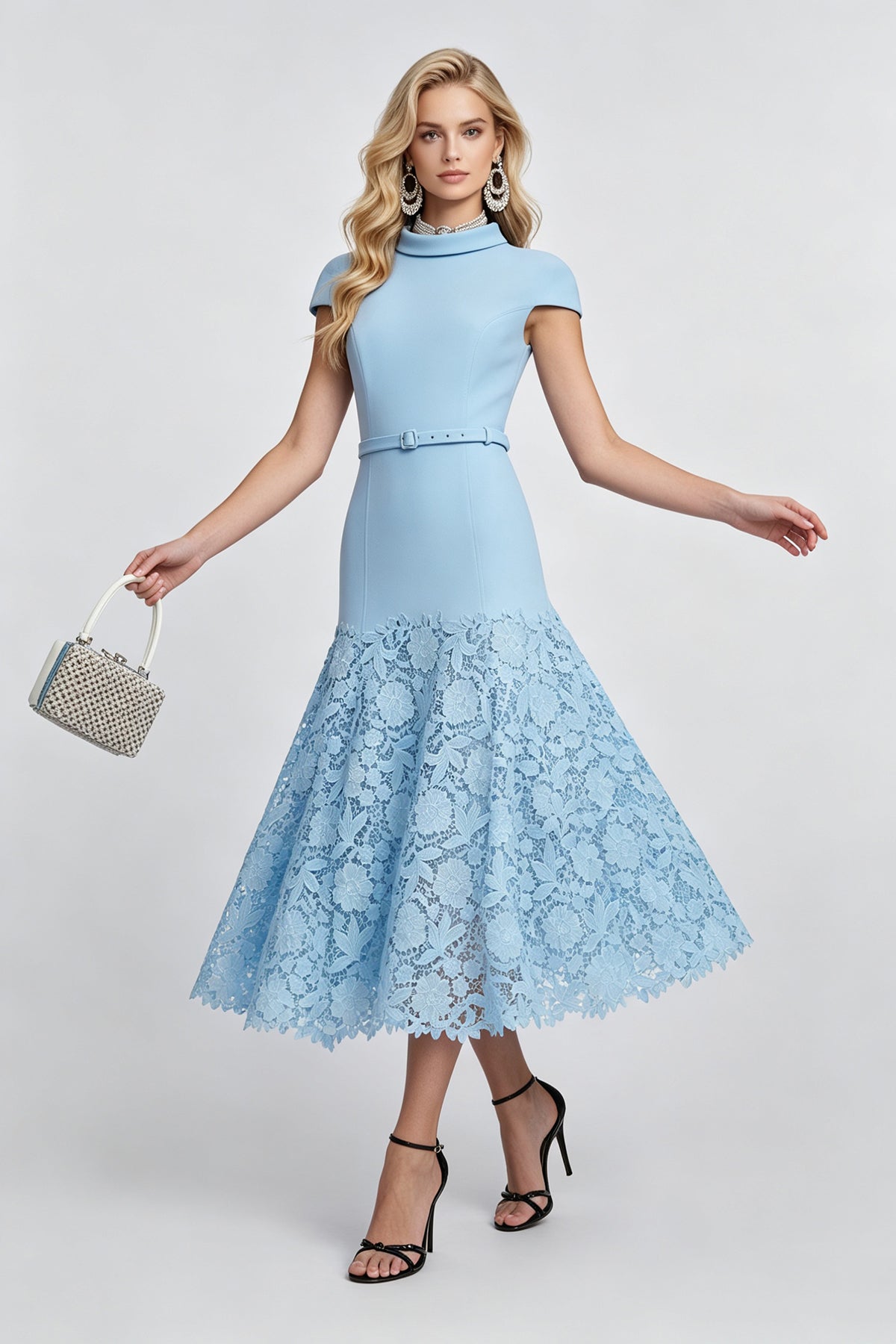 Pastel Blue High-Neck A-Line Lace Dress