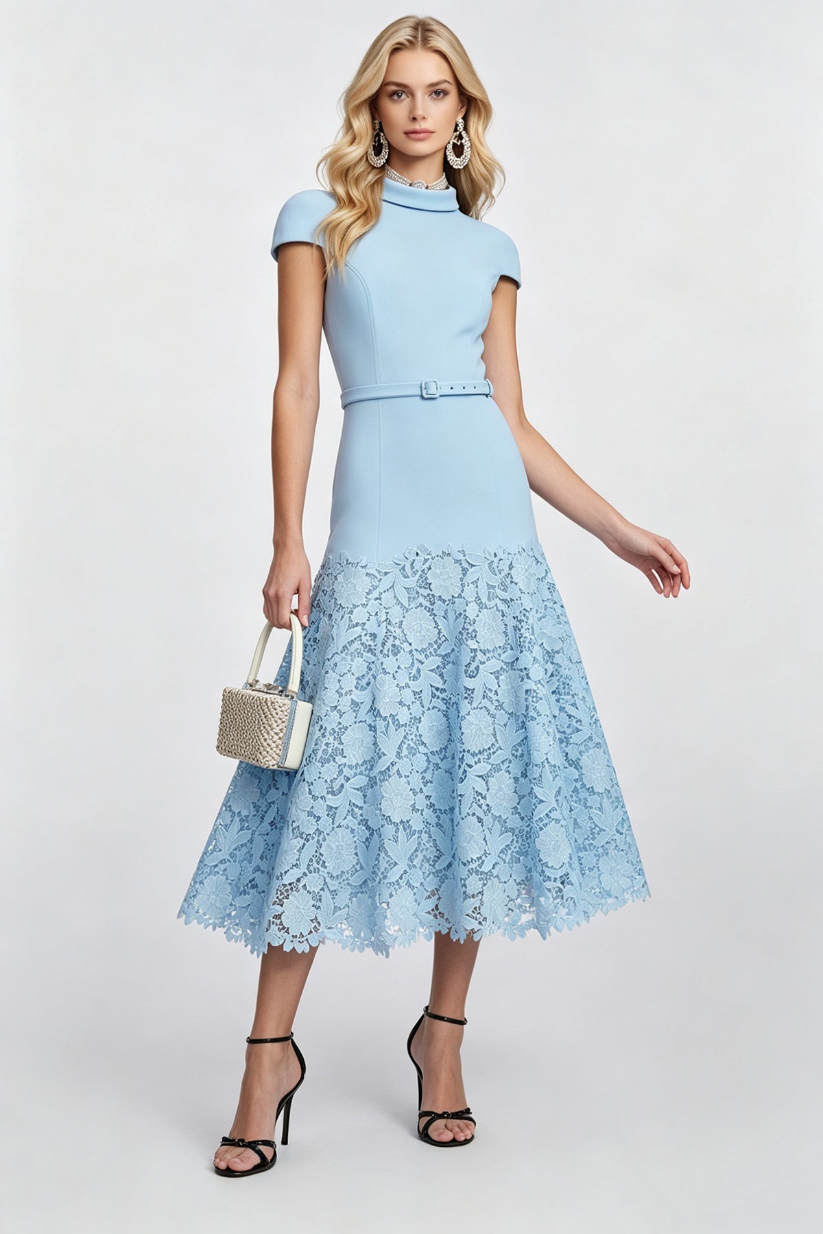 Pastel Blue High-Neck A-Line Lace Dress