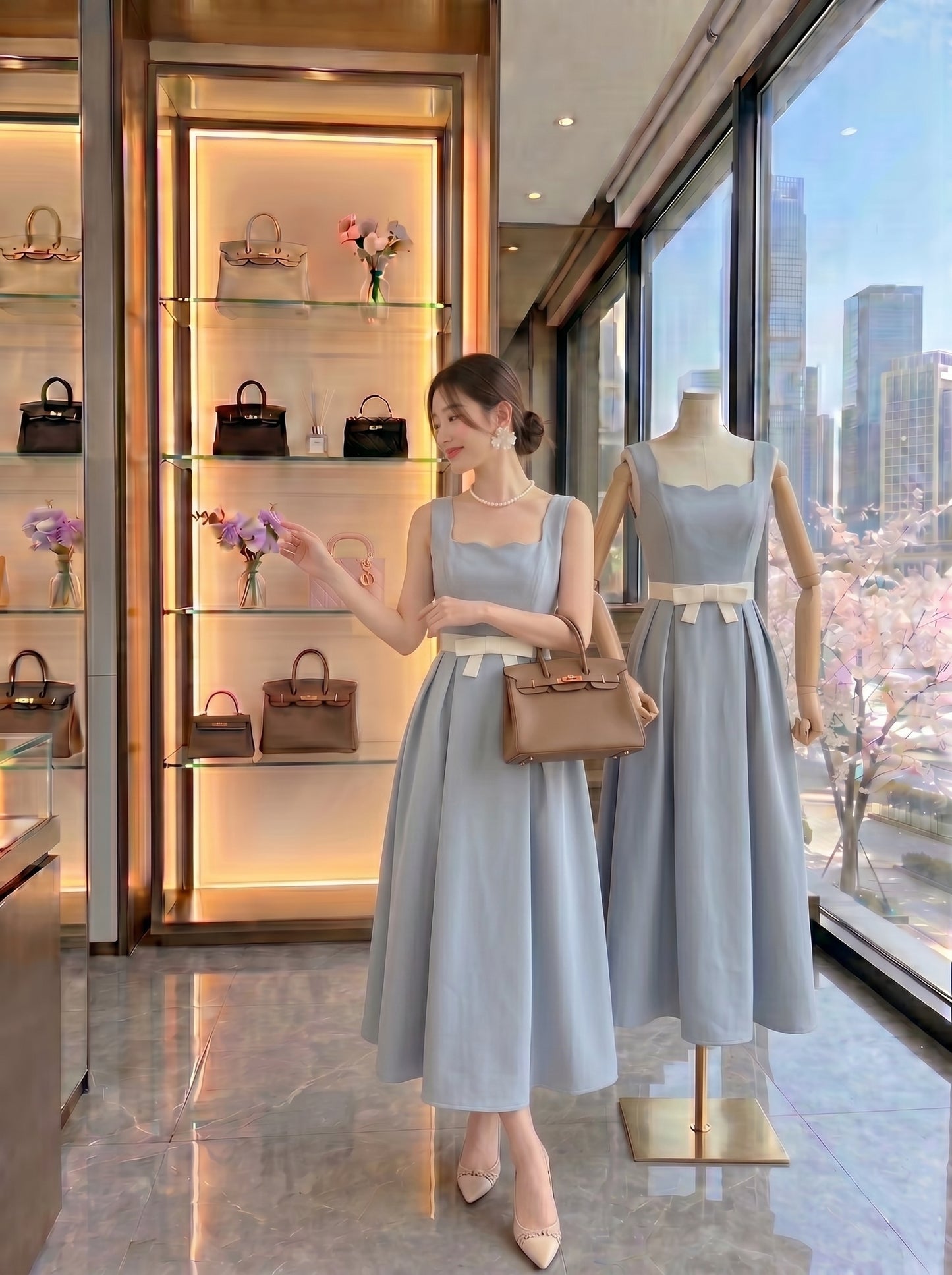 Pastel Dream Scalloped Waist-Bow Dress
