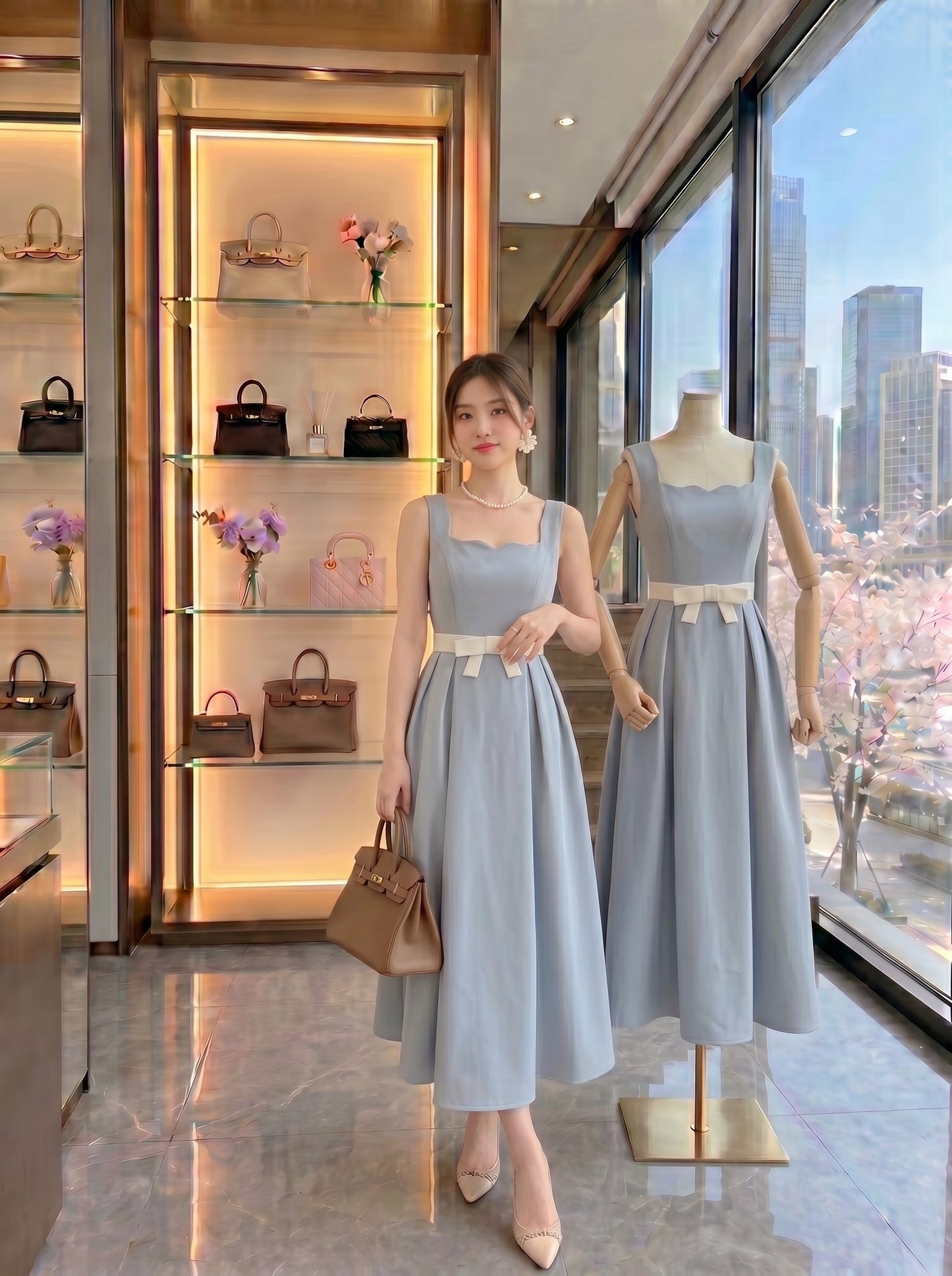 Pastel Dream Scalloped Waist-Bow Dress