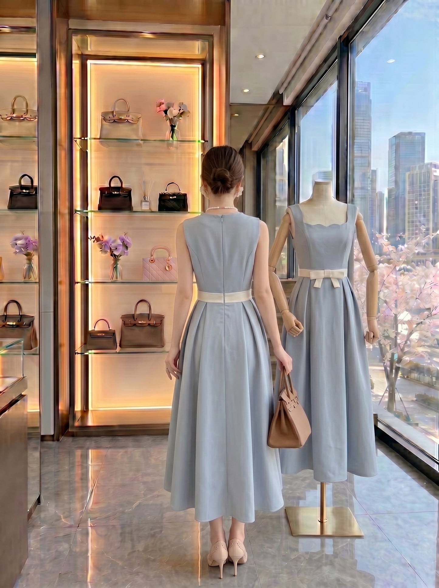 Pastel Dream Scalloped Waist-Bow Dress