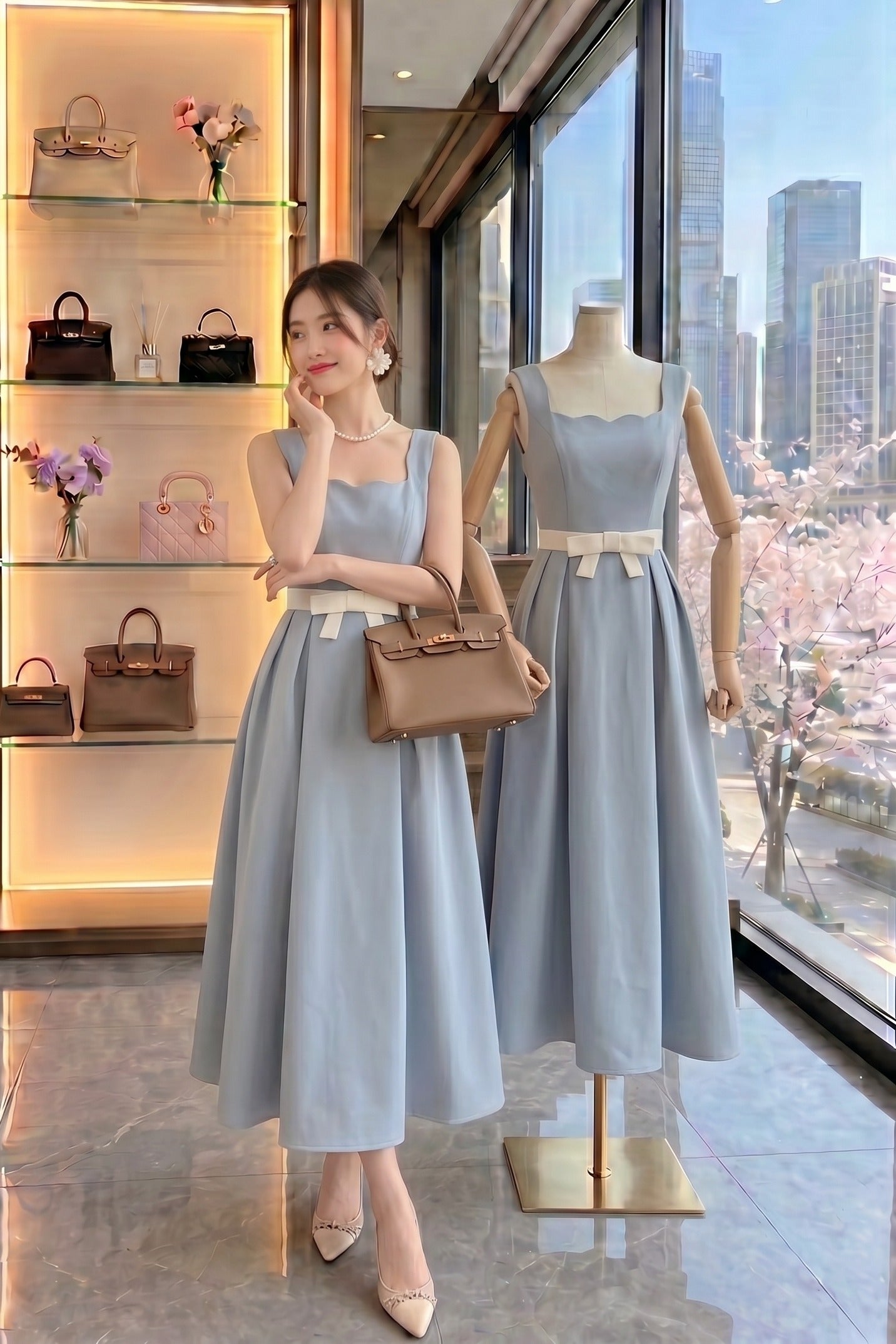 Pastel Dream Scalloped Waist-Bow Dress
