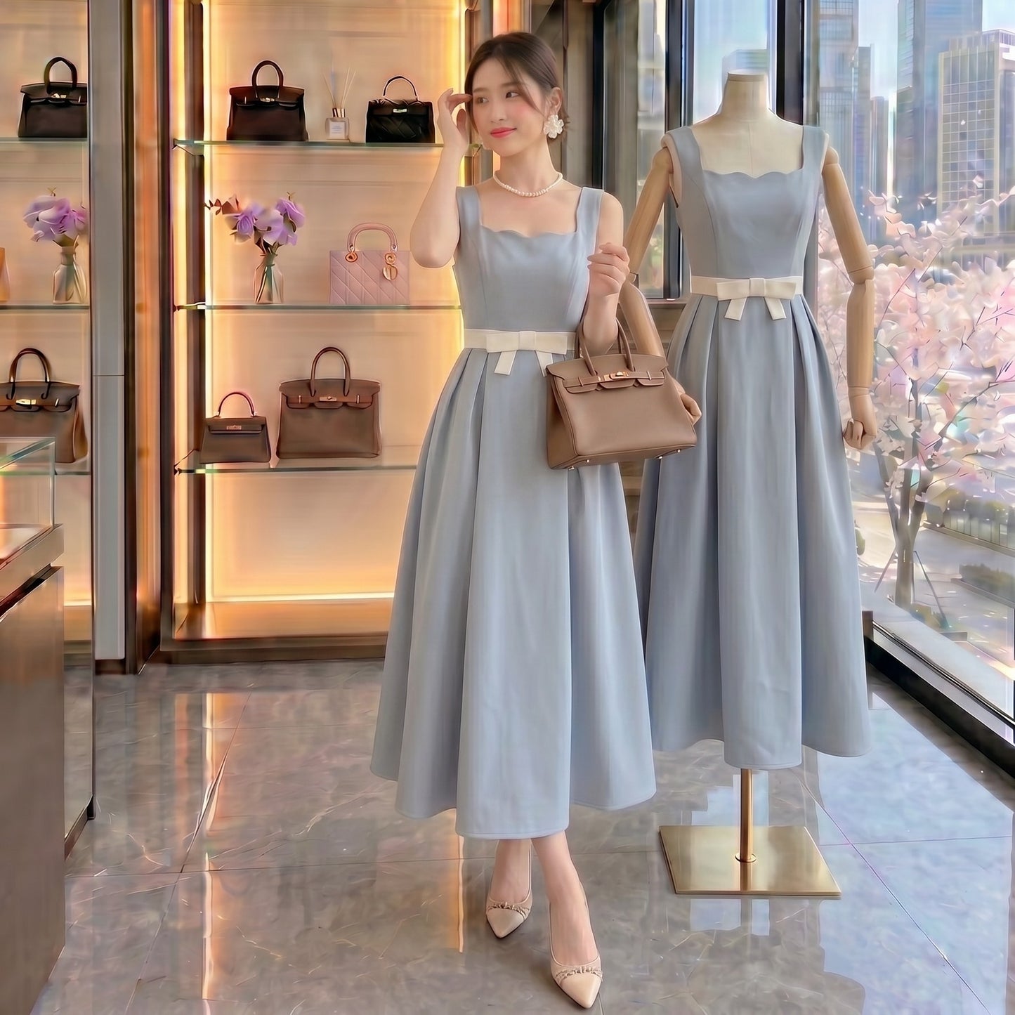 Pastel Dream Scalloped Waist-Bow Dress
