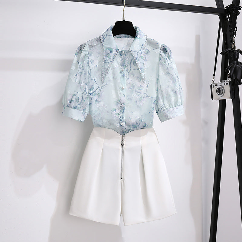 Pastel Floral Chiffon Shirt & High-Waisted Shorts Set