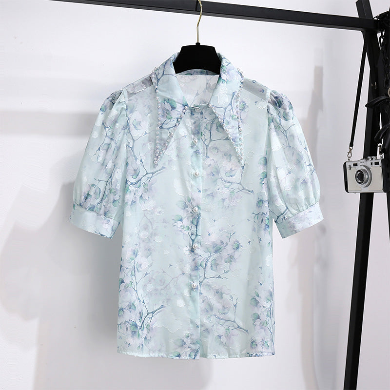 Pastel Floral Chiffon Shirt & High-Waisted Shorts Set