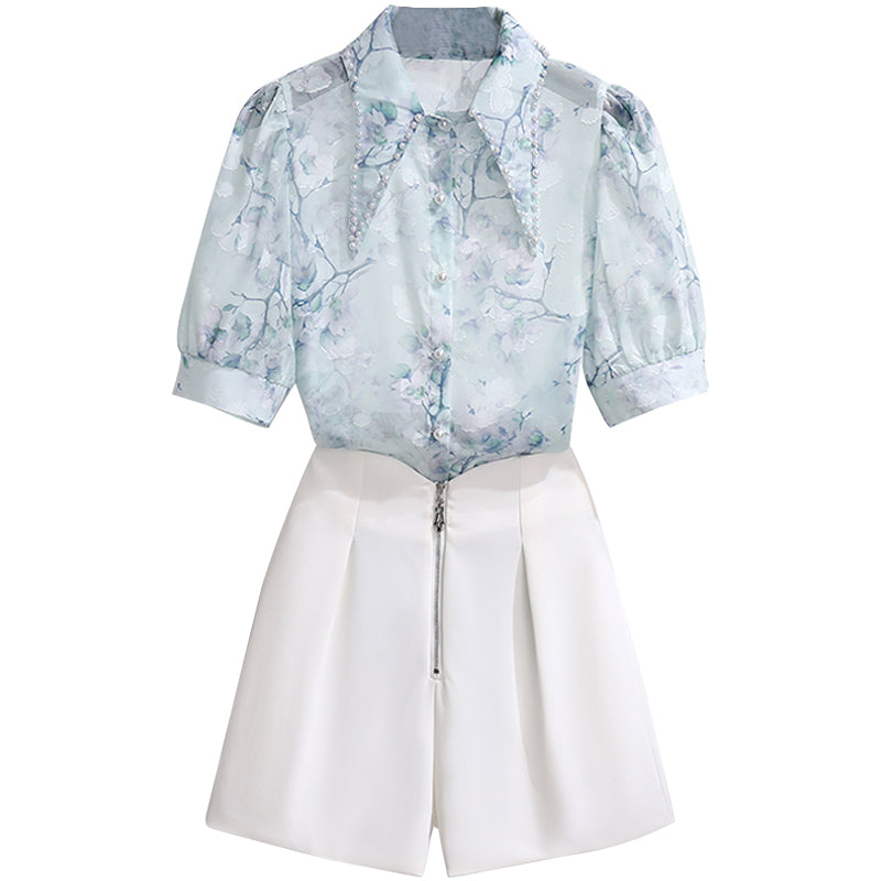Pastel Floral Chiffon Shirt & High-Waisted Shorts Set