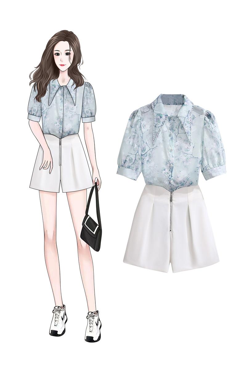 Pastel Floral Chiffon Shirt & High-Waisted Shorts Set