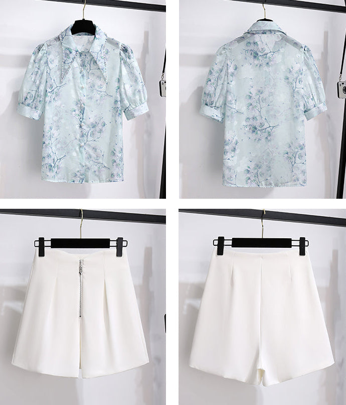 Pastel Floral Chiffon Shirt & High-Waisted Shorts Set