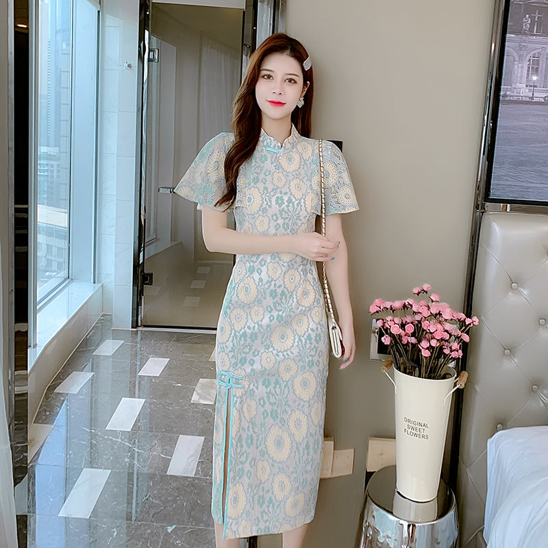 Pastel Floral Flutter-Sleeve Cheongsam