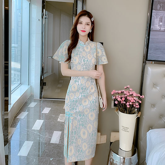 Pastel Floral Flutter-Sleeve Cheongsam