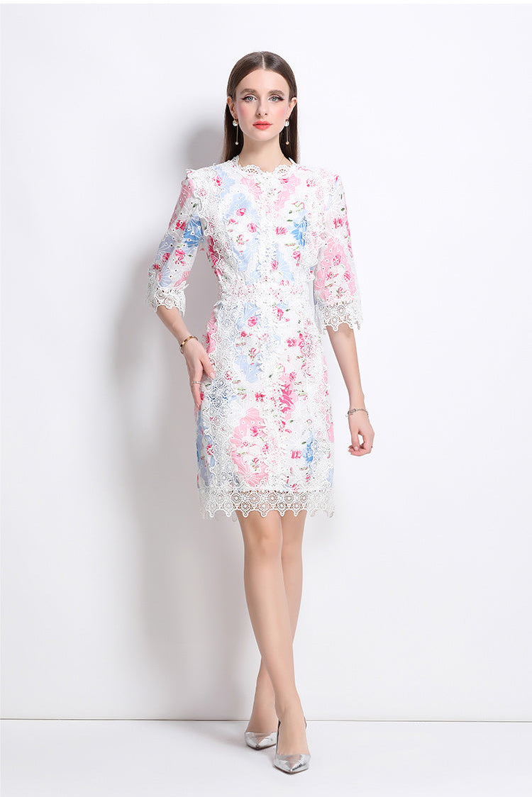 Pastel Floral Lace Overlay Knee-Length Dress