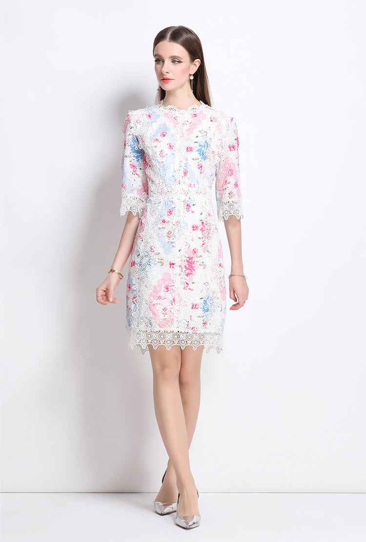 Pastel Floral Lace Overlay Knee-Length Dress