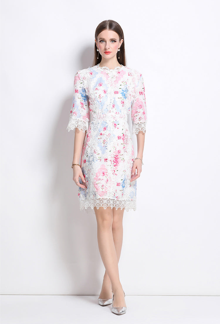 Pastel Floral Lace Overlay Knee-Length Dress