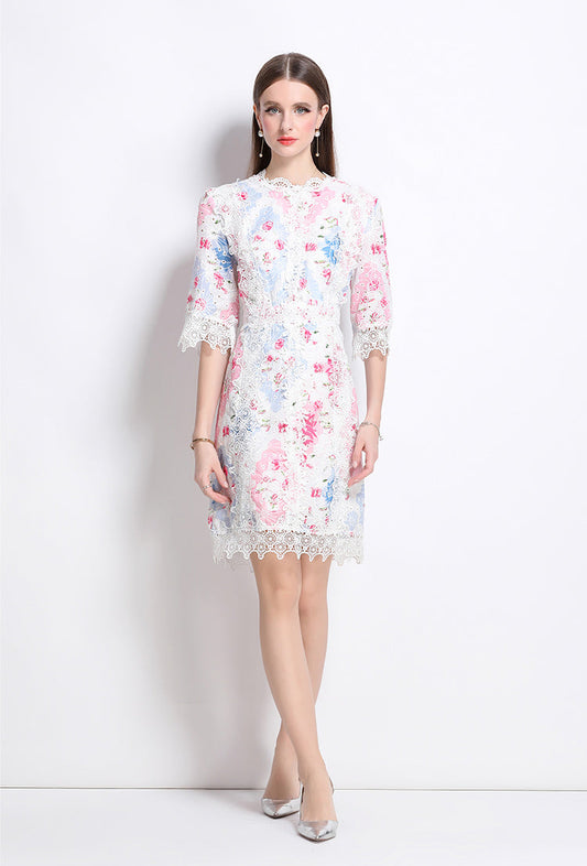 Pastel Floral Lace Overlay Knee-Length Dress