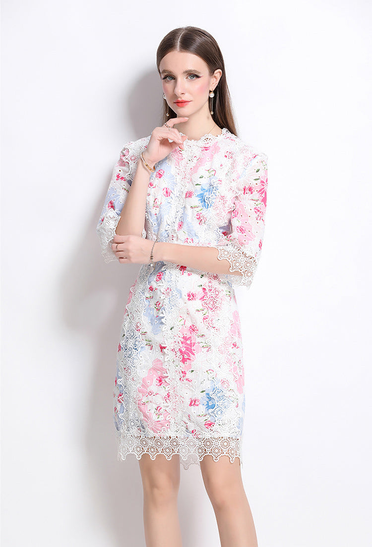 Pastel Floral Lace Overlay Knee-Length Dress