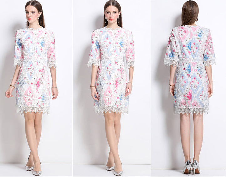 Pastel Floral Lace Overlay Knee-Length Dress