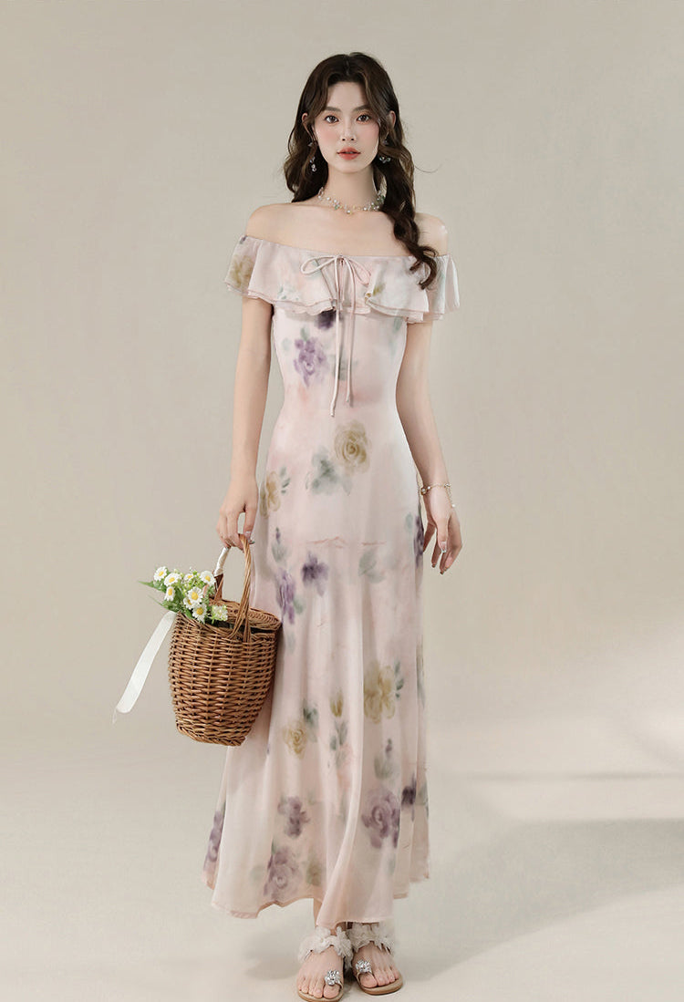 Pastel Floral Off-Shoulder Ruffle Maxi Dress
