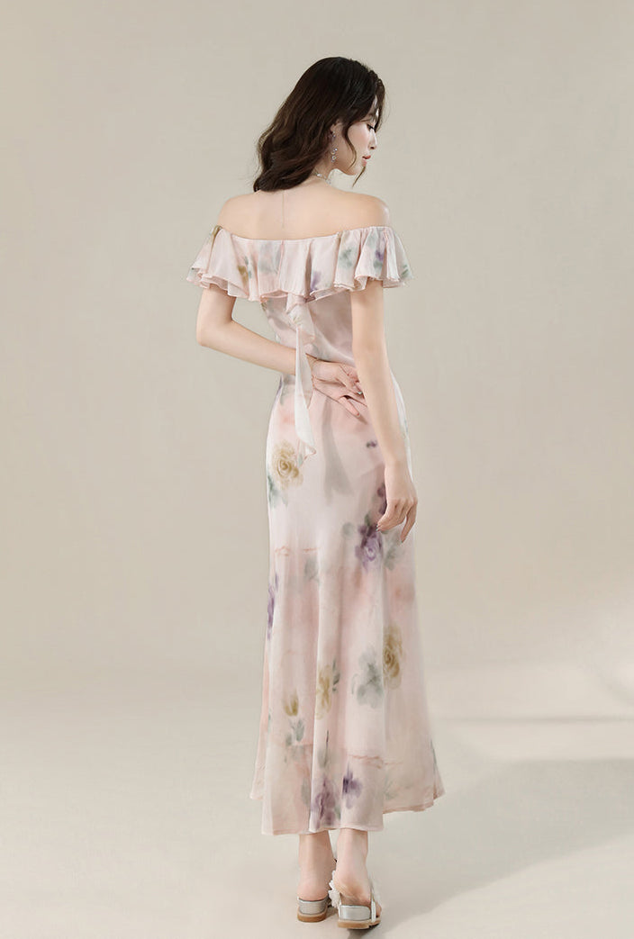 Pastel Floral Off-Shoulder Ruffle Maxi Dress