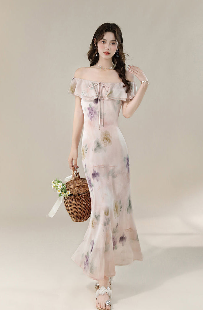 Pastel Floral Off-Shoulder Ruffle Maxi Dress