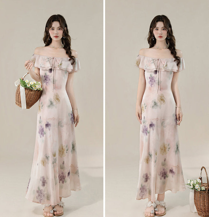 Pastel Floral Off-Shoulder Ruffle Maxi Dress