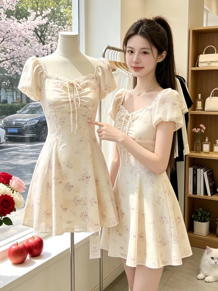 Pastel Floral Tie-Front Summer Dress – Vintage-Style Coquette Mini Dress