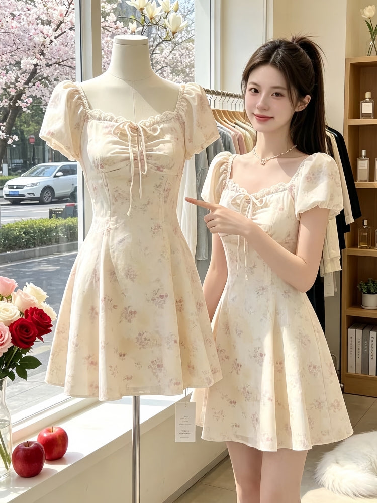 Pastel Floral Tie-Front Summer Dress – Vintage-Style Coquette Mini Dress