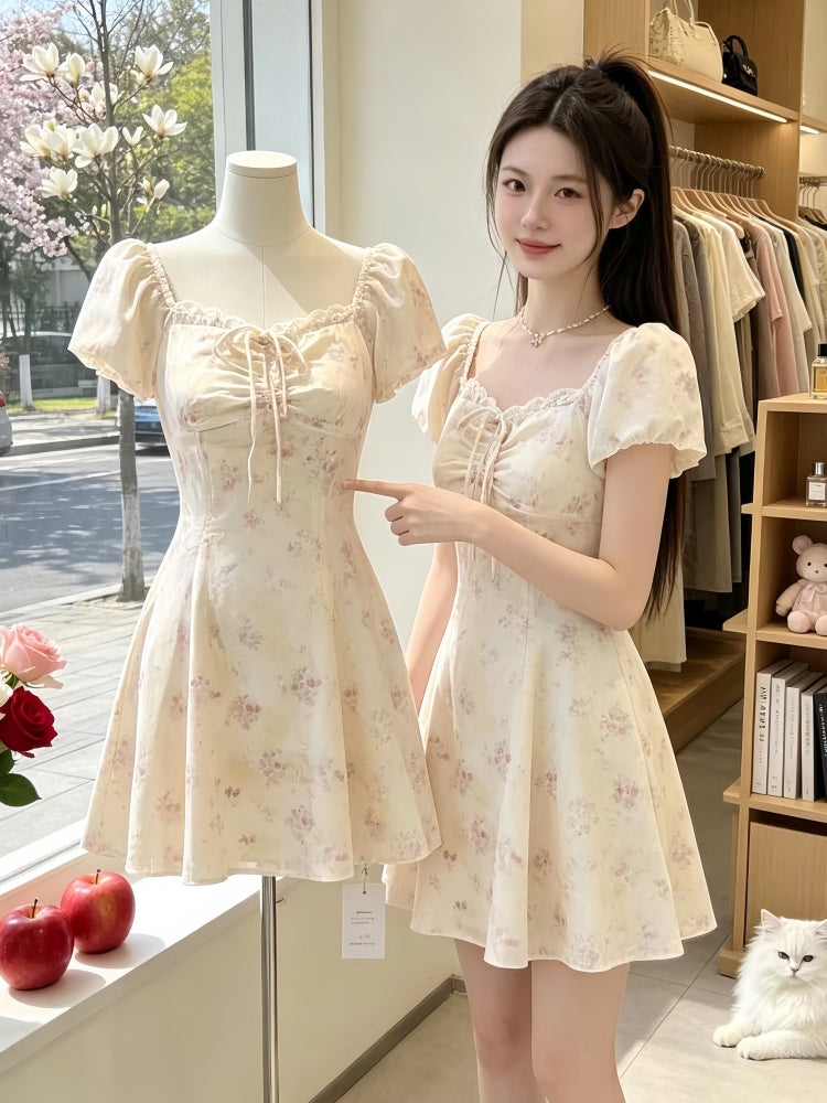 Pastel Floral Tie-Front Summer Dress – Vintage-Style Coquette Mini Dress