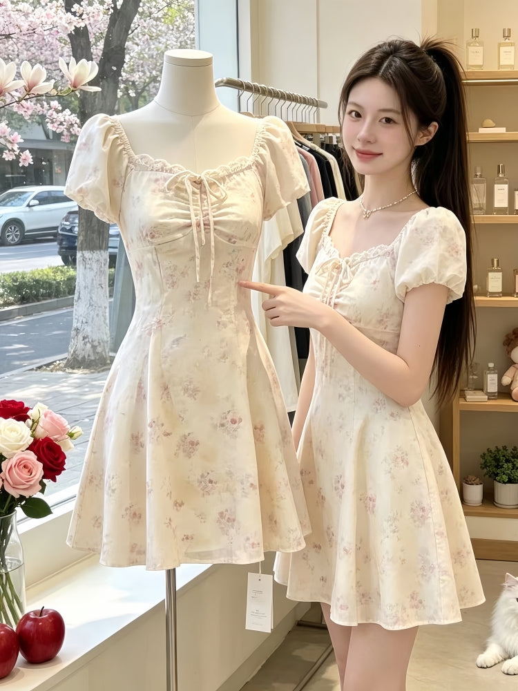 Pastel Floral Tie-Front Summer Dress – Vintage-Style Coquette Mini Dress