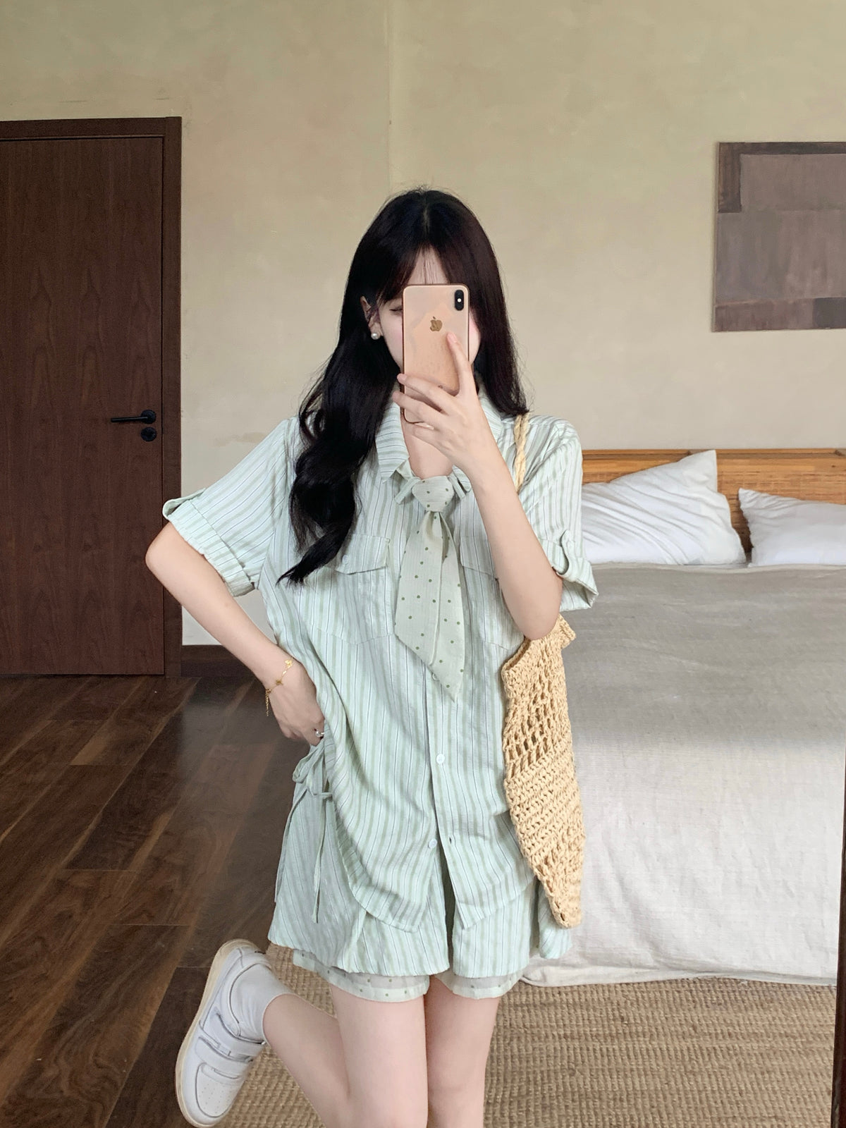 Green Grape Jelly Striped Top Polka Dot Scarf Skirt Three-Piece Set