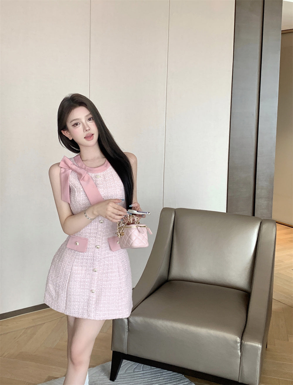 Pastel Pink Sleeveless Tweed Dress with Bow Shoulder