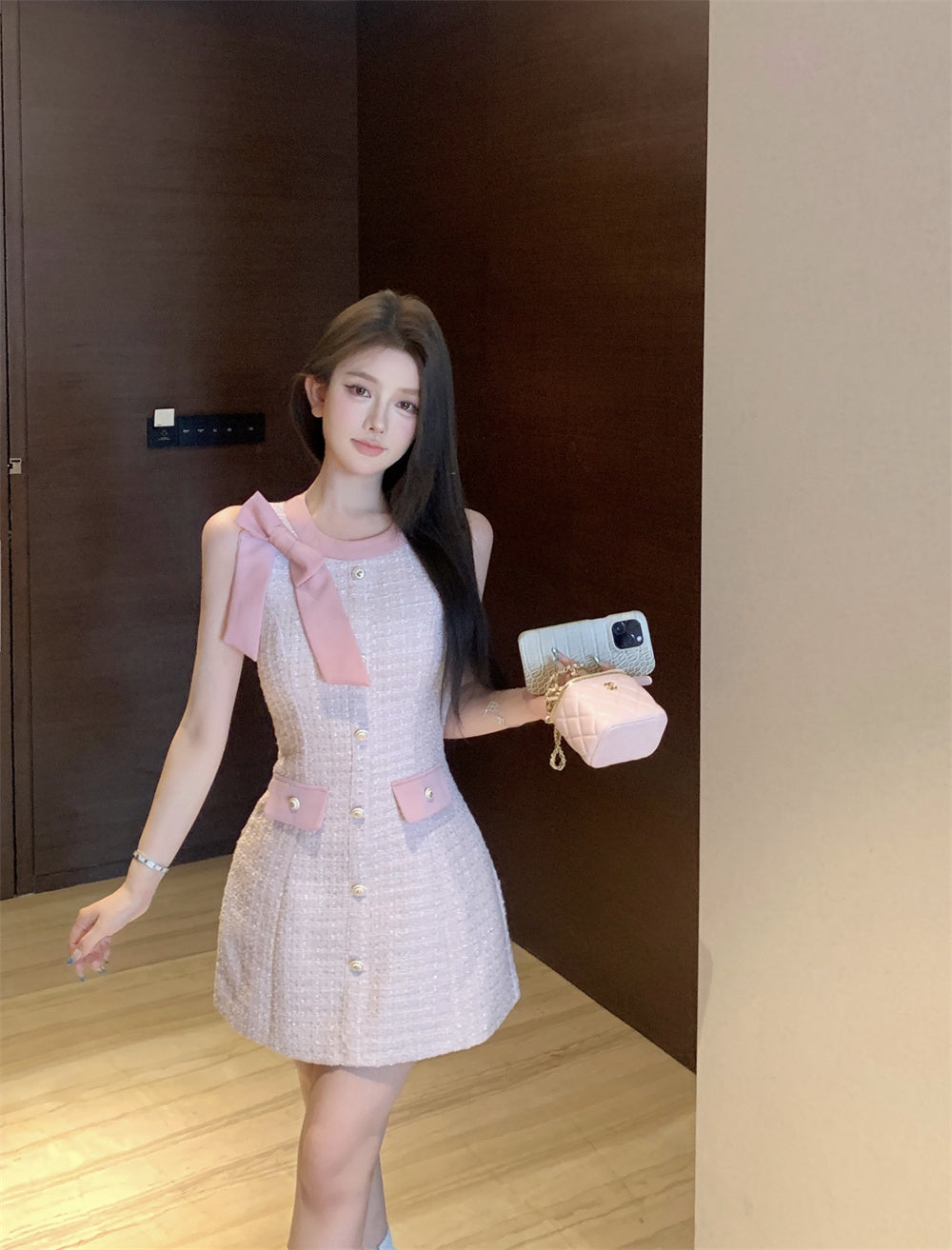 Pastel Pink Sleeveless Tweed Dress with Bow Shoulder