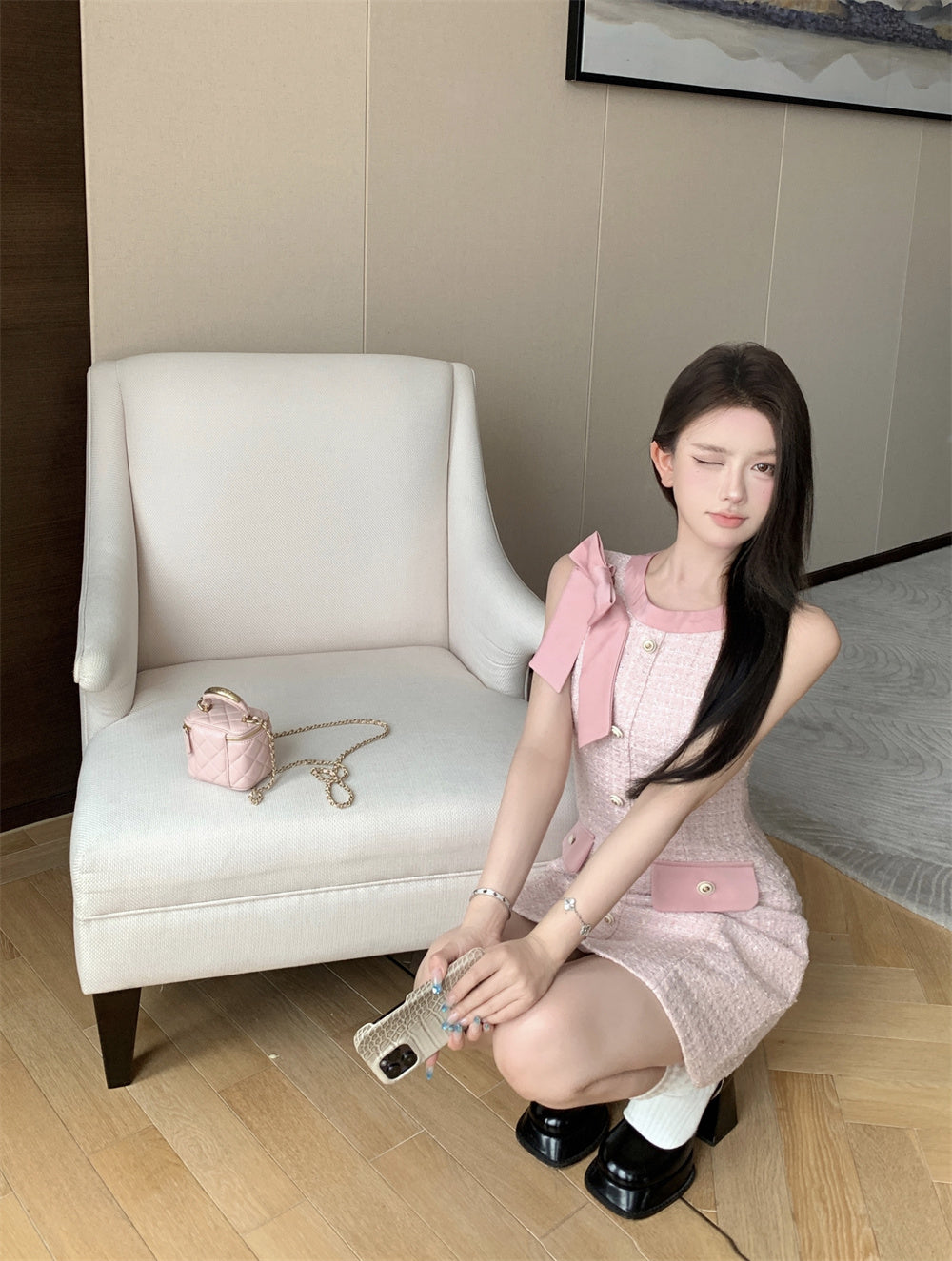 Pastel Pink Sleeveless Tweed Dress with Bow Shoulder