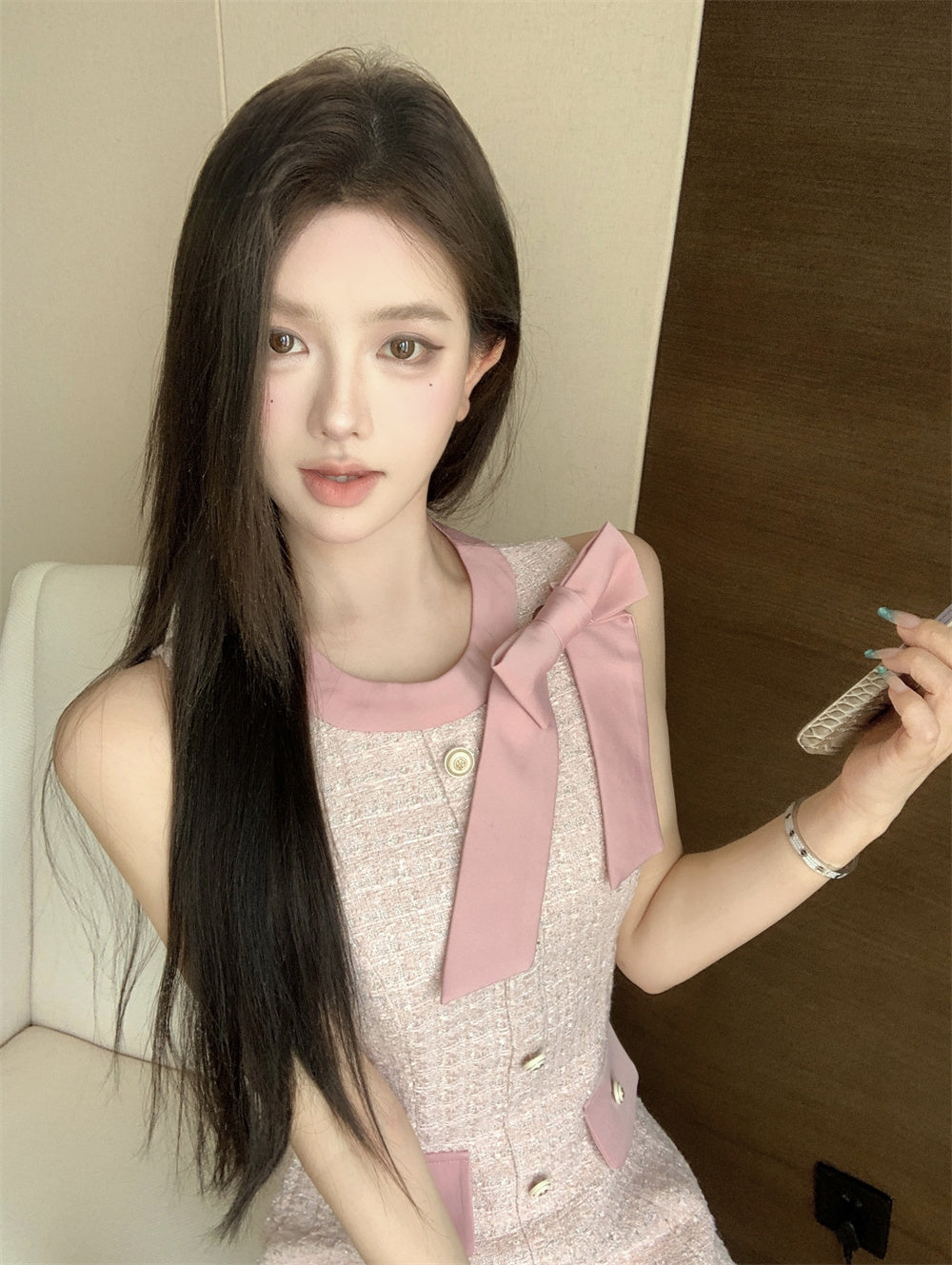 Pastel Pink Sleeveless Tweed Dress with Bow Shoulder