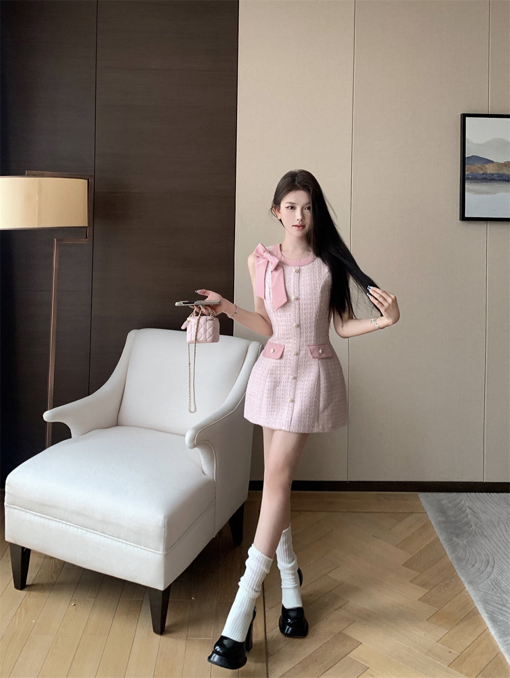 Pastel Pink Sleeveless Tweed Dress with Bow Shoulder